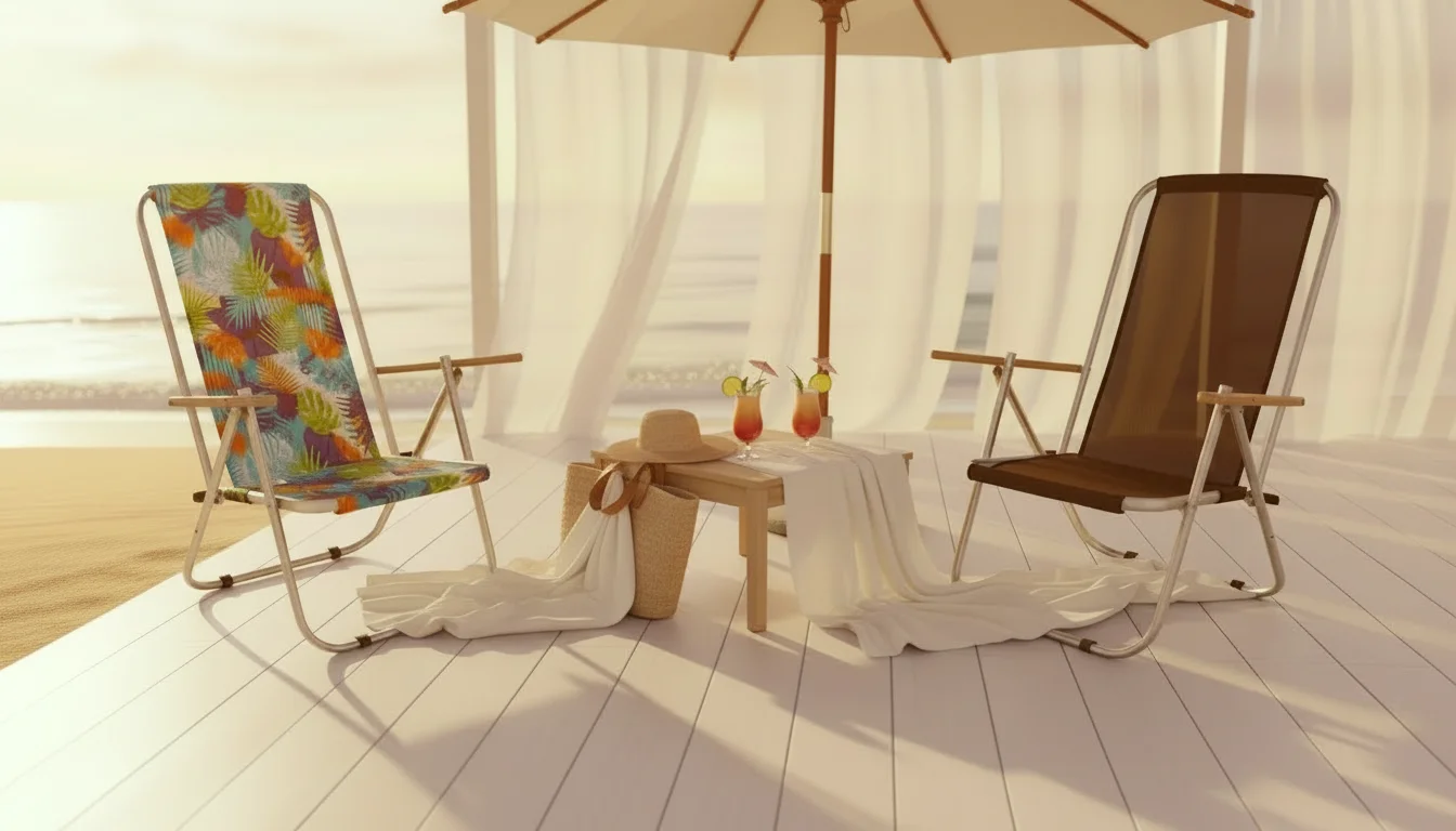 Leżaki Plażowe Premium – dwa modele (srebrny i granatowy PVC) na plaży przy wschodzie słońca